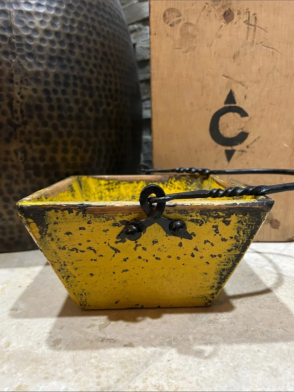 antique Chinese yellow lacquer rice measure bucket
